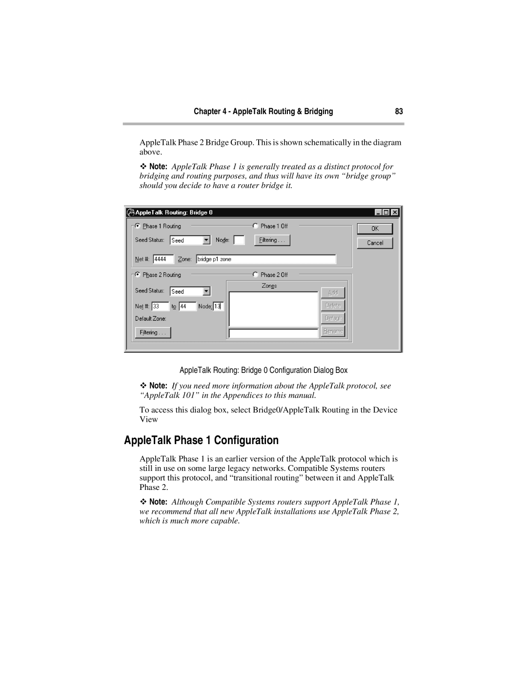 Compatible Systems 5.4 manual AppleTalk Phase 1 Configuration, AppleTalk Routing Bridge 0 Configuration Dialog Box 