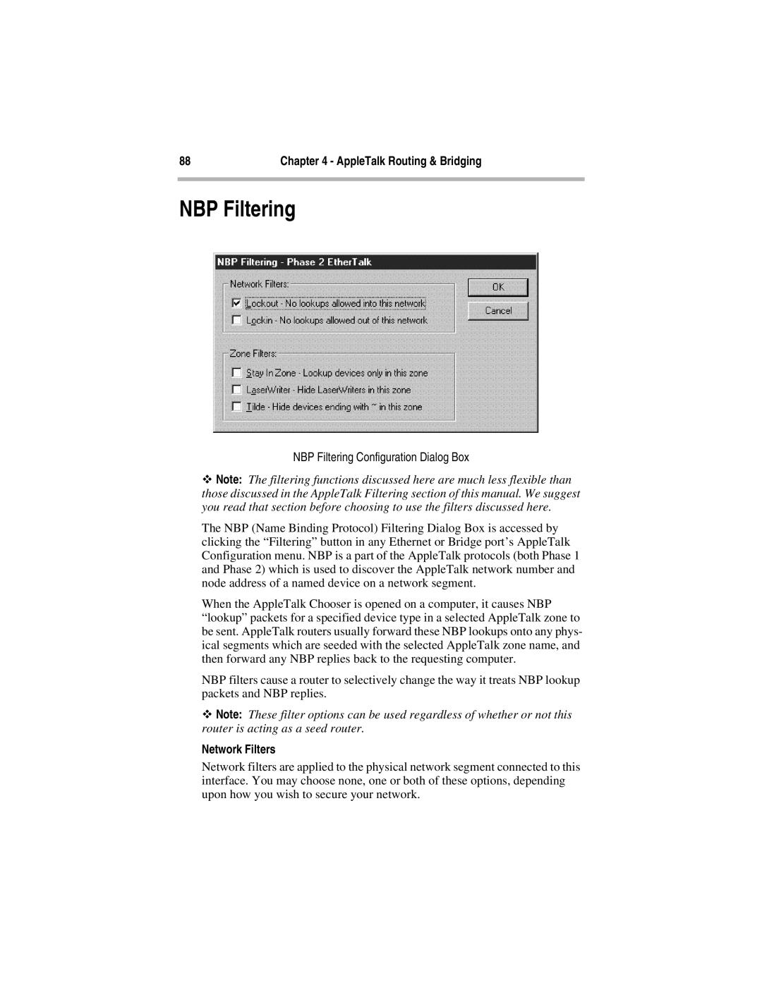 Compatible Systems 5.4 manual NBP Filtering Configuration Dialog Box, Network Filters 