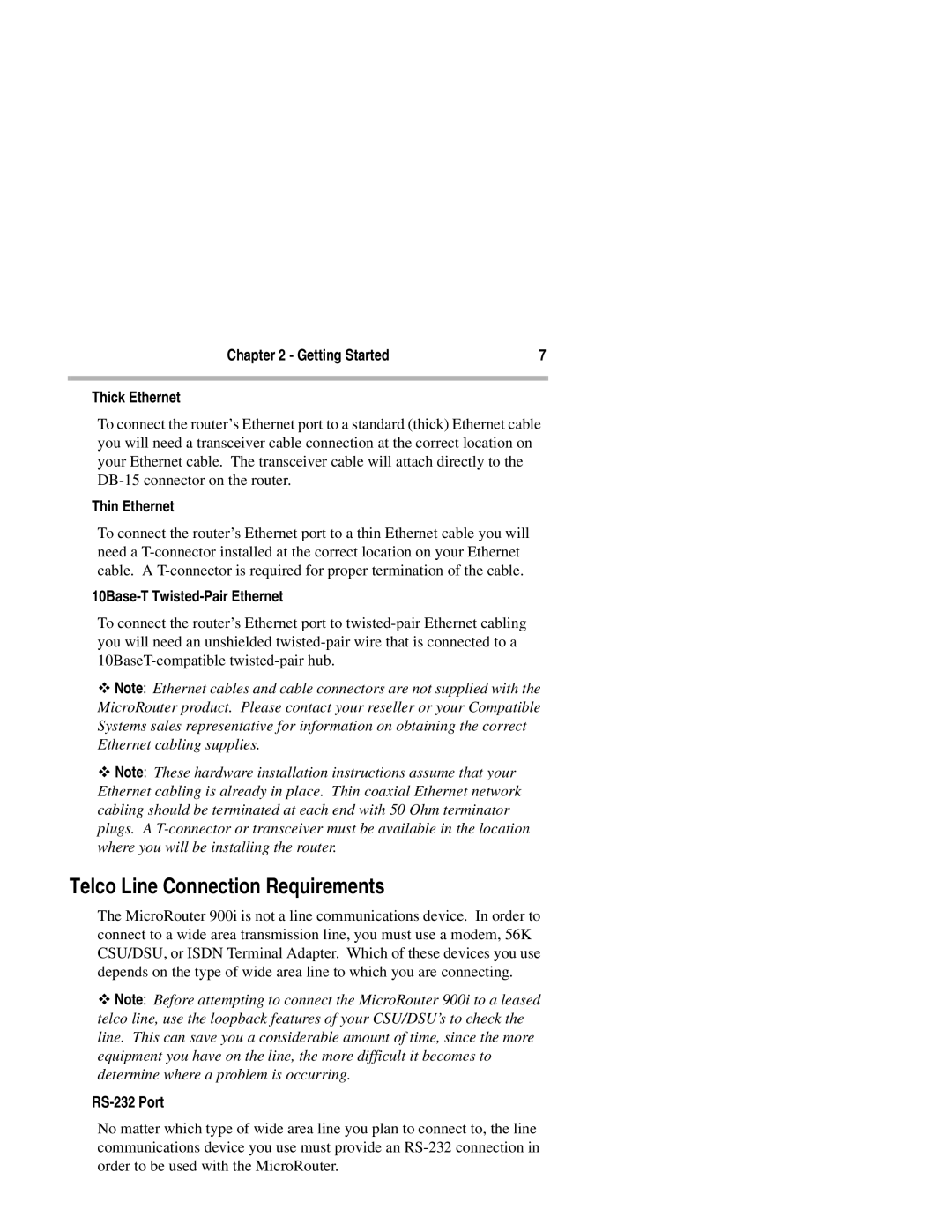 Compatible Systems 900i Telco Line Connection Requirements, Getting Started Thick Ethernet, Thin Ethernet, RS-232 Port 