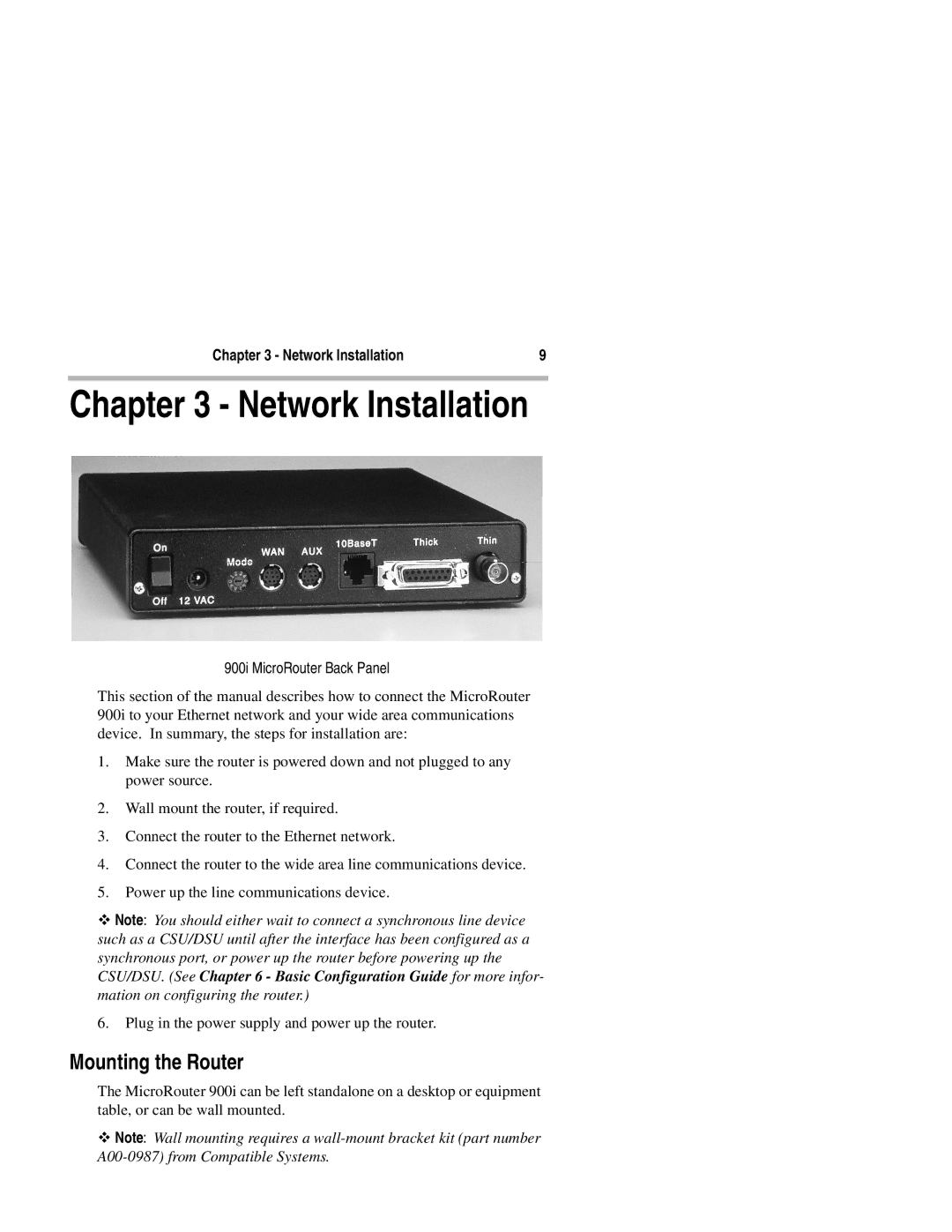 Compatible Systems 900i manual Network Installation, Mounting the Router 