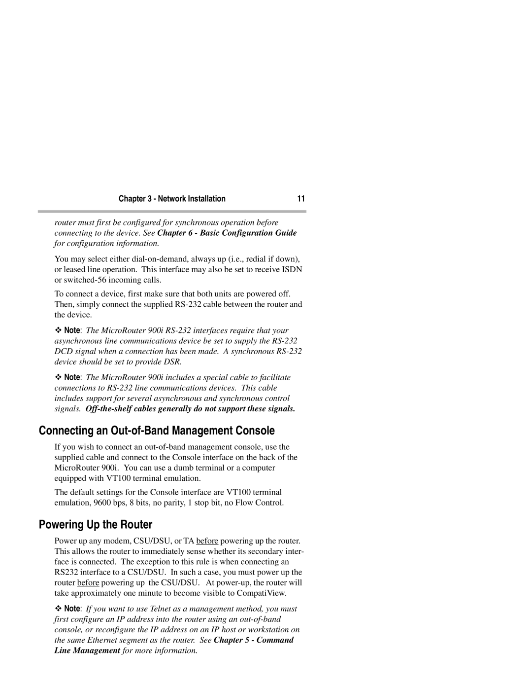 Compatible Systems 900i manual Connecting an Out-of-Band Management Console, Powering Up the Router 