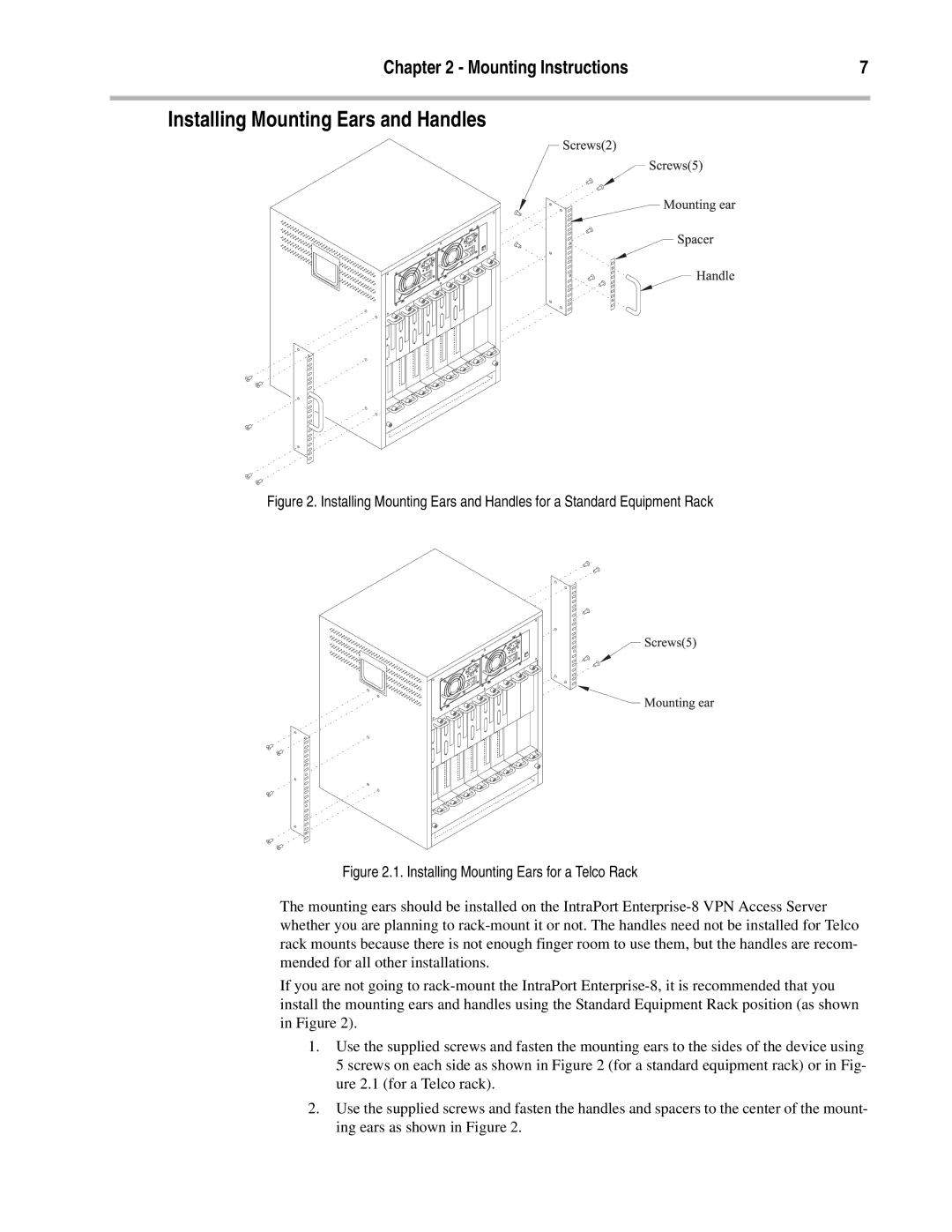 Compatible Systems Enterprise-8, A00-1869 Installing Mounting Ears and Handles, Installing Mounting Ears for a Telco Rack 