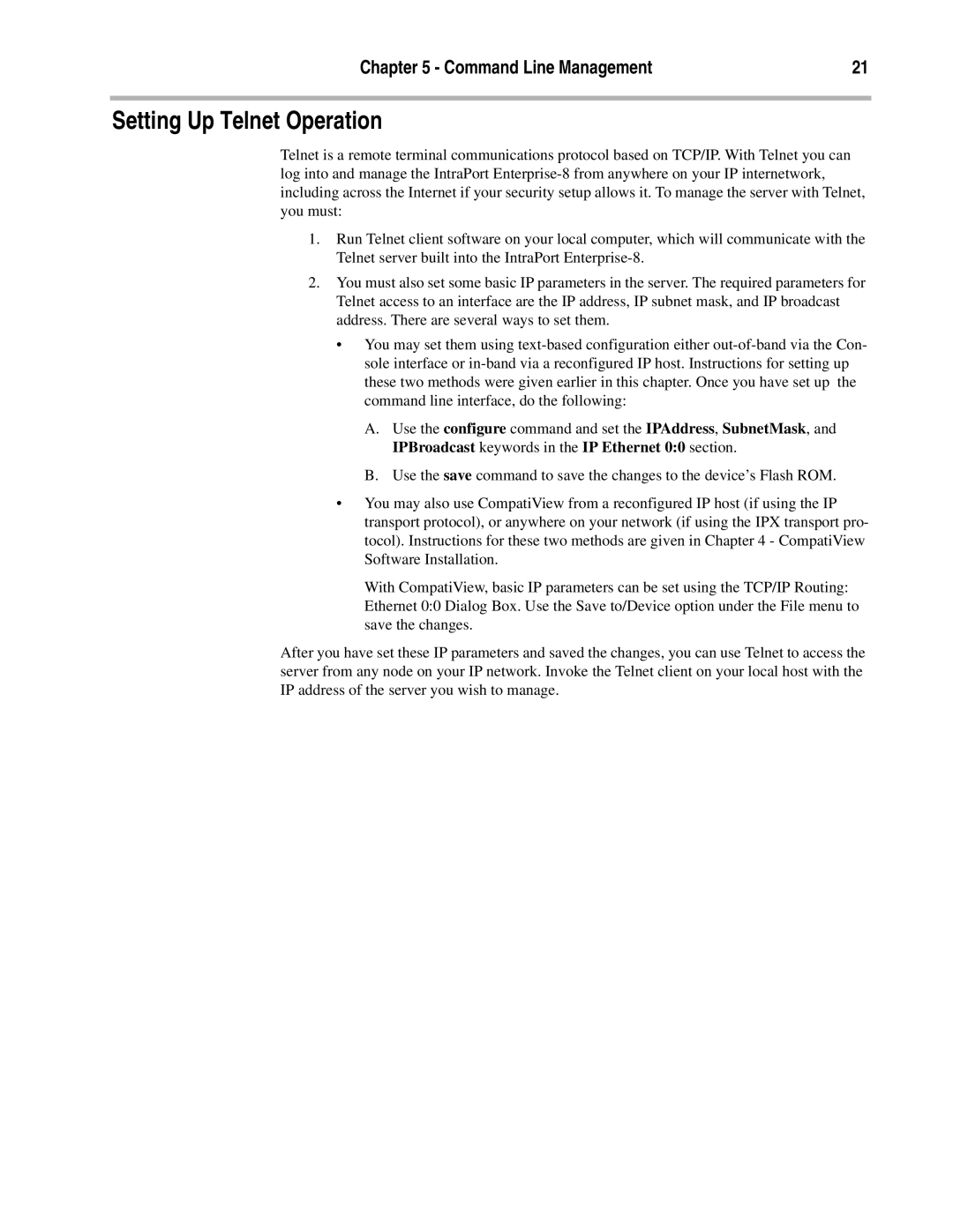 Compatible Systems Enterprise-8, A00-1869 manual Setting Up Telnet Operation 