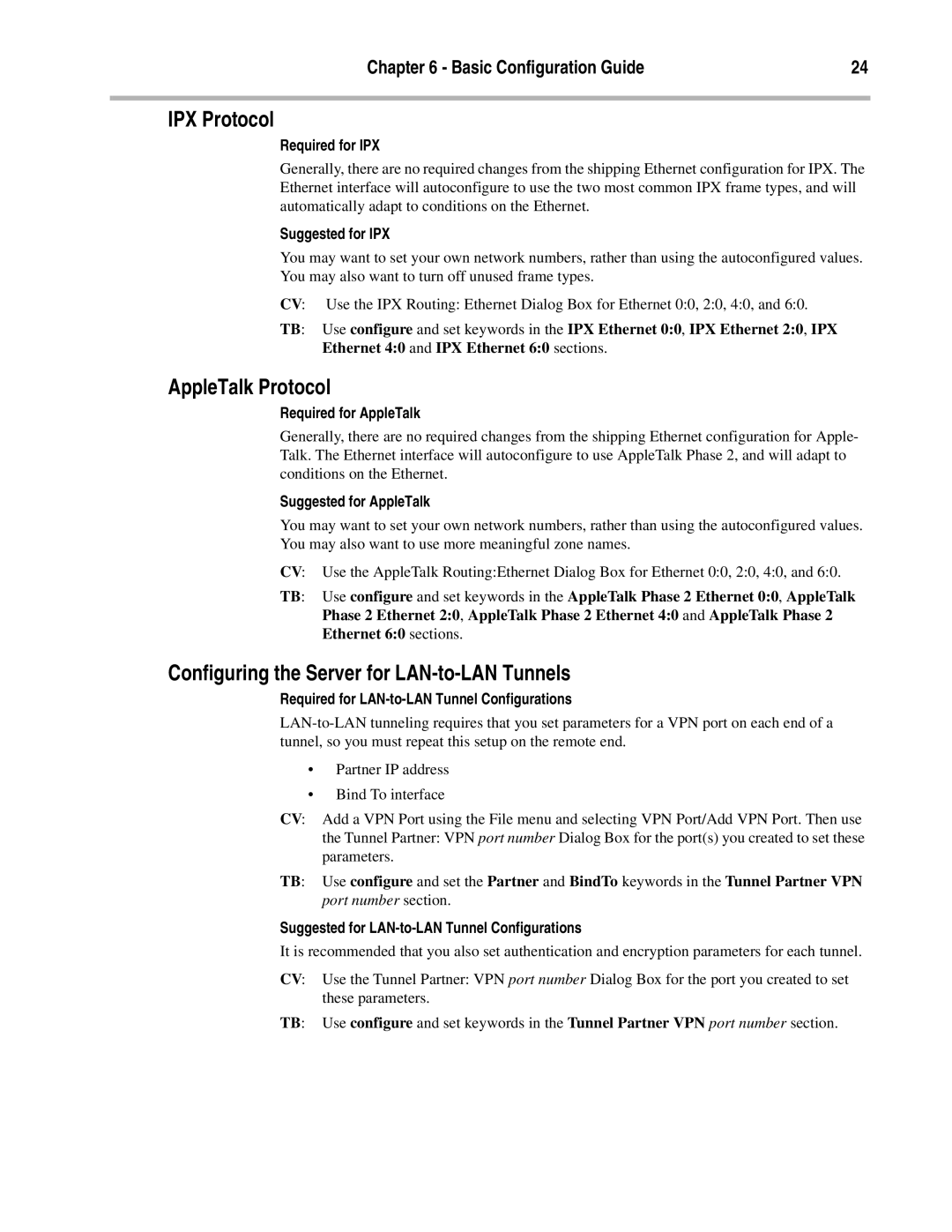 Compatible Systems A00-1869, Enterprise-8 IPX Protocol, AppleTalk Protocol, Configuring the Server for LAN-to-LAN Tunnels 