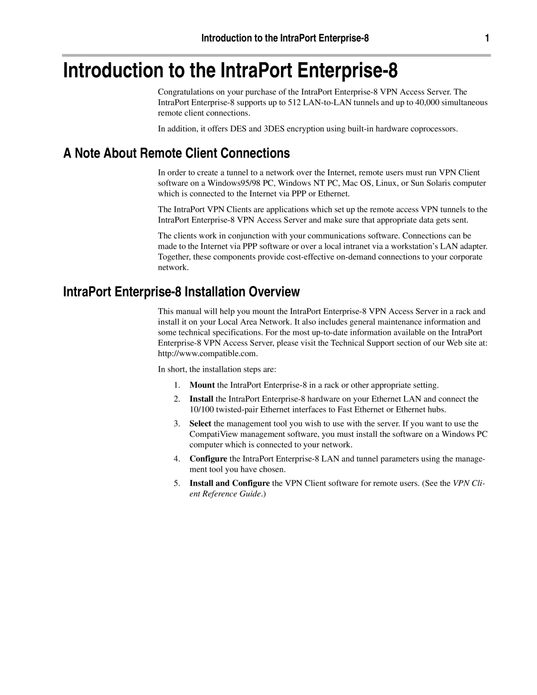 Compatible Systems A00-1869 Introduction to the IntraPort Enterprise-8, IntraPort Enterprise-8 Installation Overview 