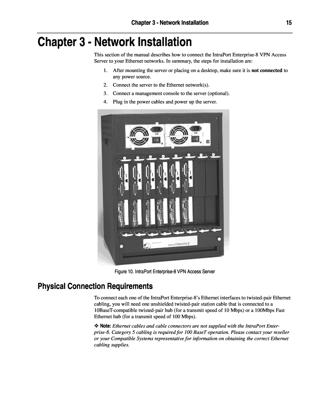 Compatible Systems Enterprise-8, A00-1869 manual Network Installation, Physical Connection Requirements 