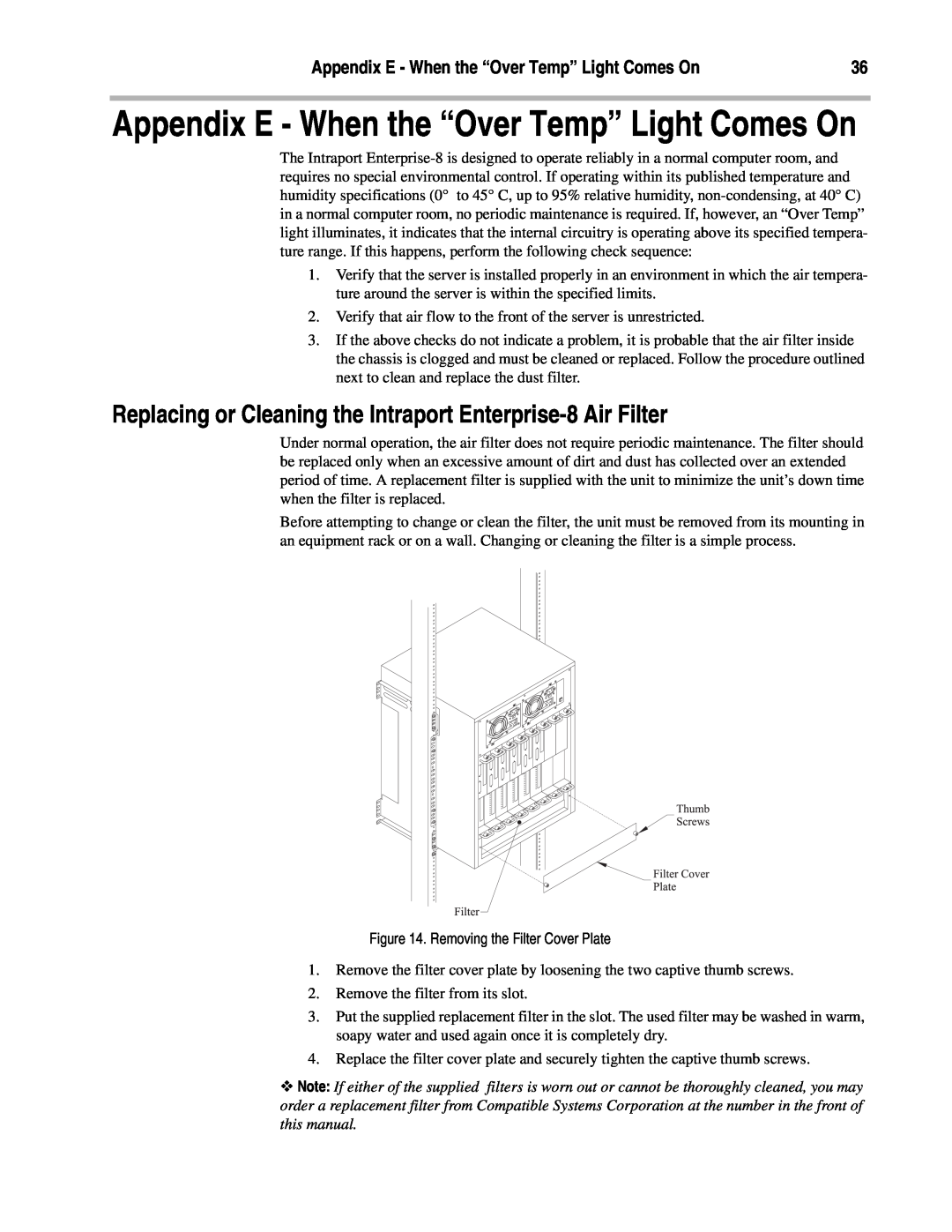 Compatible Systems A00-1869 manual Replacing or Cleaning the Intraport Enterprise-8 Air Filter 