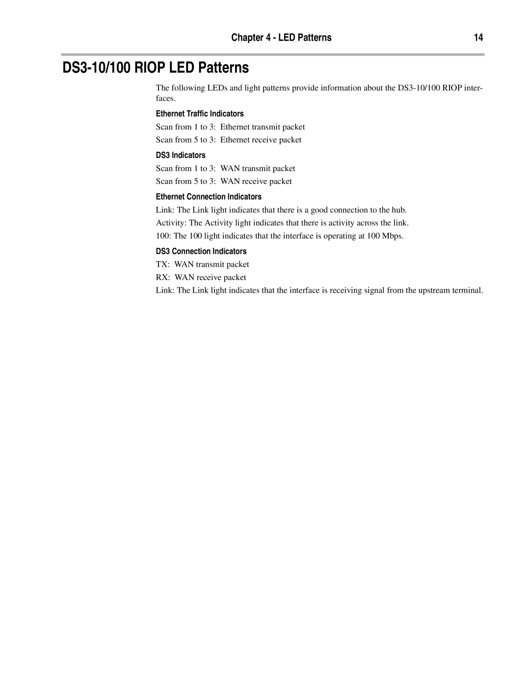 Compatible Systems DS3-10/100 Riop LED Patterns, Ethernet Traffic Indicators, DS3 Indicators, DS3 Connection Indicators 