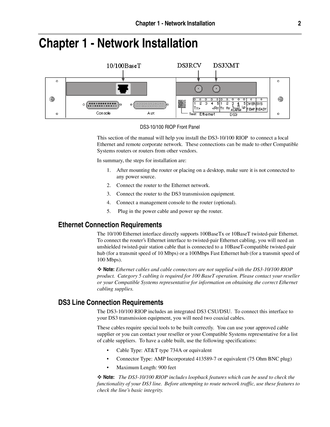 Compatible Systems DS3-10/100 Network Installation, Ethernet Connection Requirements, DS3 Line Connection Requirements 