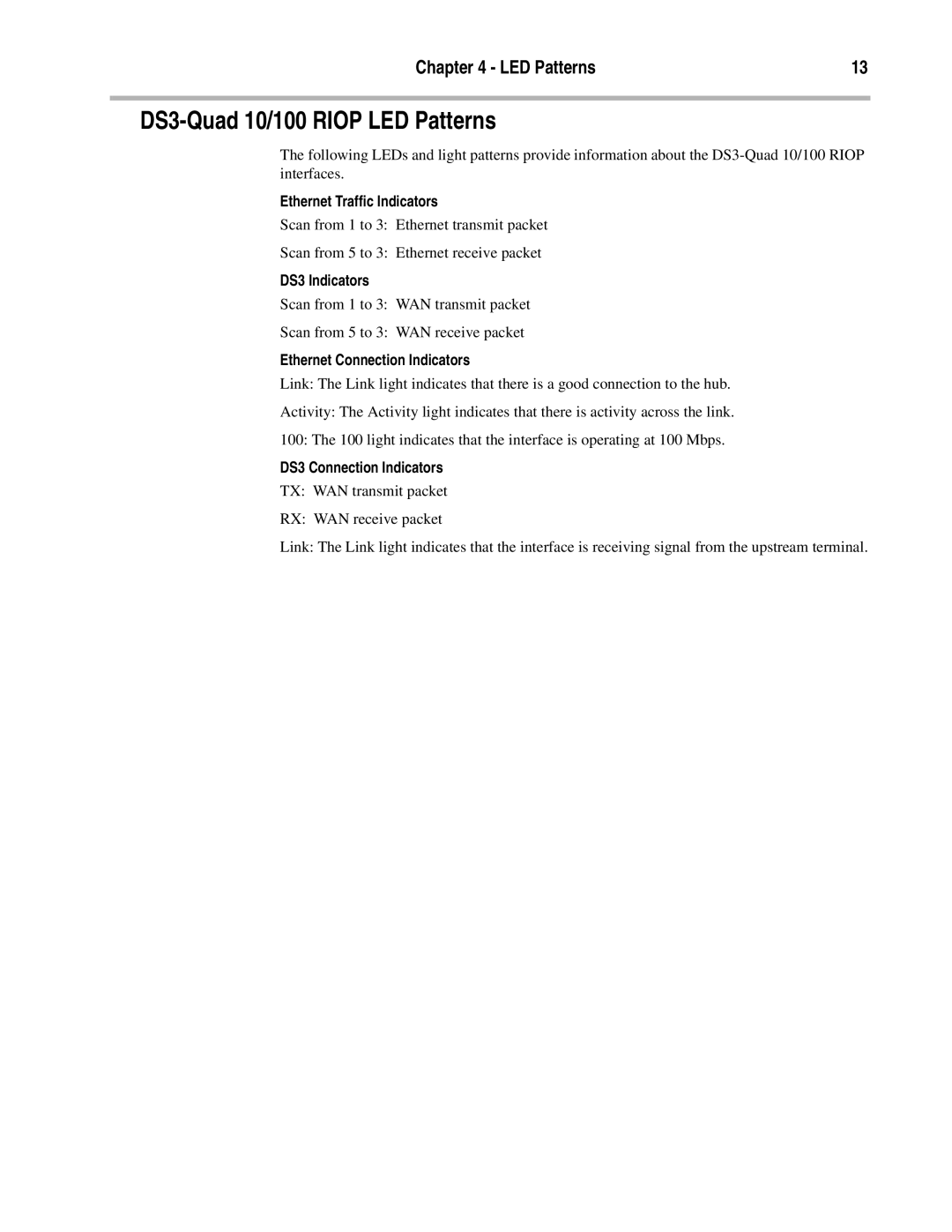 Compatible Systems manual DS3-Quad 10/100 Riop LED Patterns, Ethernet Traffic Indicators, DS3 Indicators 