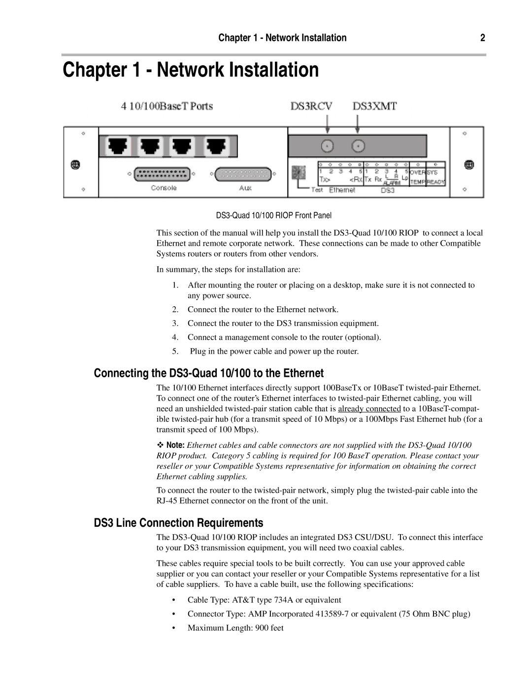 Compatible Systems manual Network Installation, Connecting the DS3-Quad 10/100 to the Ethernet 