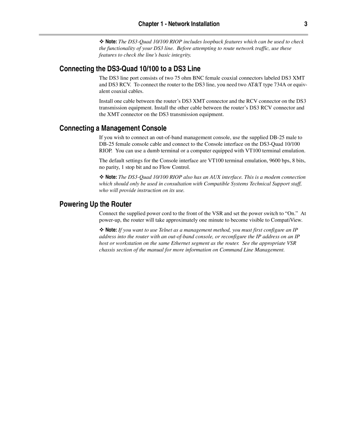 Compatible Systems manual Connecting the DS3-Quad 10/100 to a DS3 Line, Connecting a Management Console 