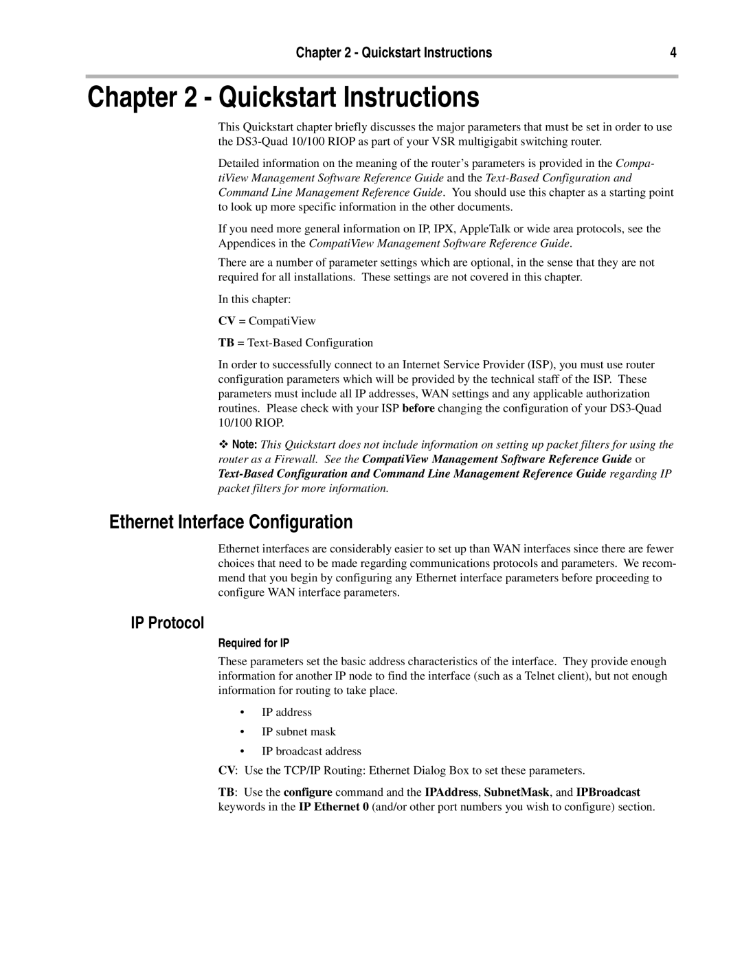 Compatible Systems DS3 manual Quickstart Instructions, Ethernet Interface Configuration, IP Protocol, Required for IP 