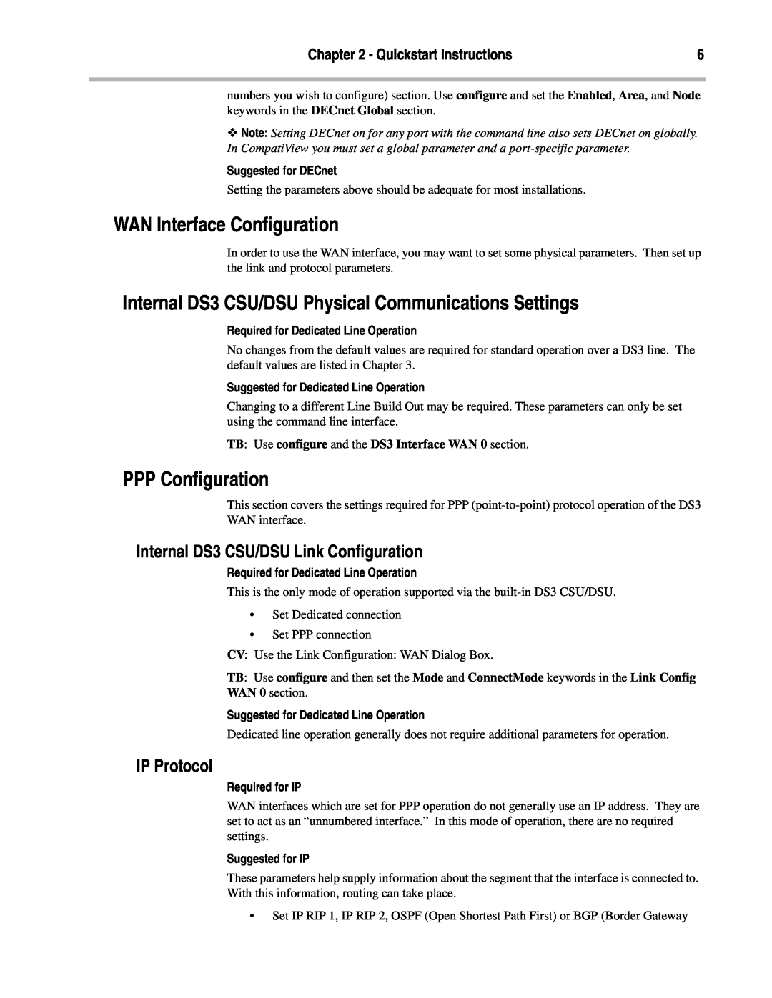 Compatible Systems WAN Interface Configuration, Internal DS3 CSU/DSU Physical Communications Settings, IP Protocol 