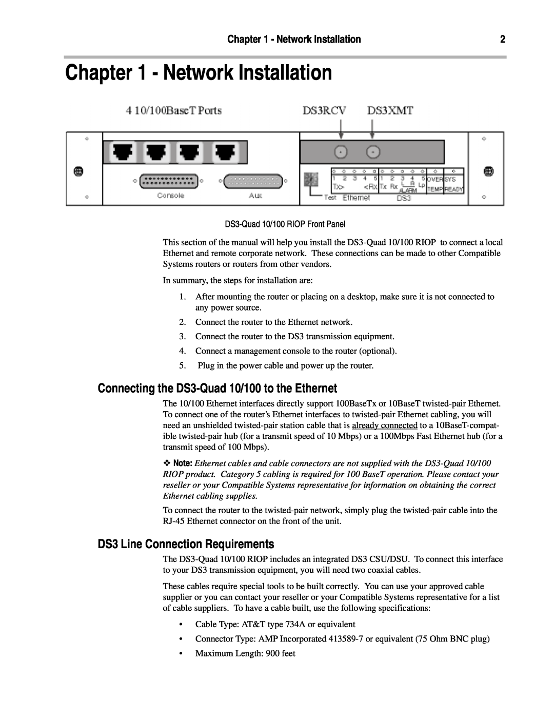 Compatible Systems manual Network Installation, Connecting the DS3-Quad 10/100 to the Ethernet 