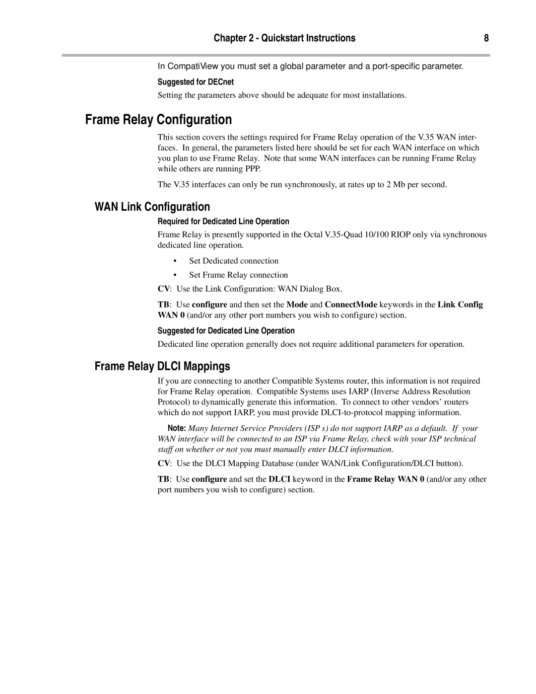 Compatible Systems OCTAL V.35 Frame Relay Configuration, Frame Relay Dlci Mappings, Required for Dedicated Line Operation 