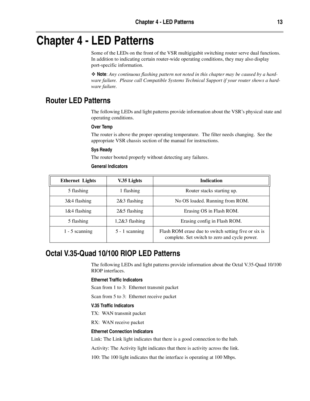 Compatible Systems OCTAL V.35 manual Router LED Patterns, Octal V.35-Quad 10/100 Riop LED Patterns 