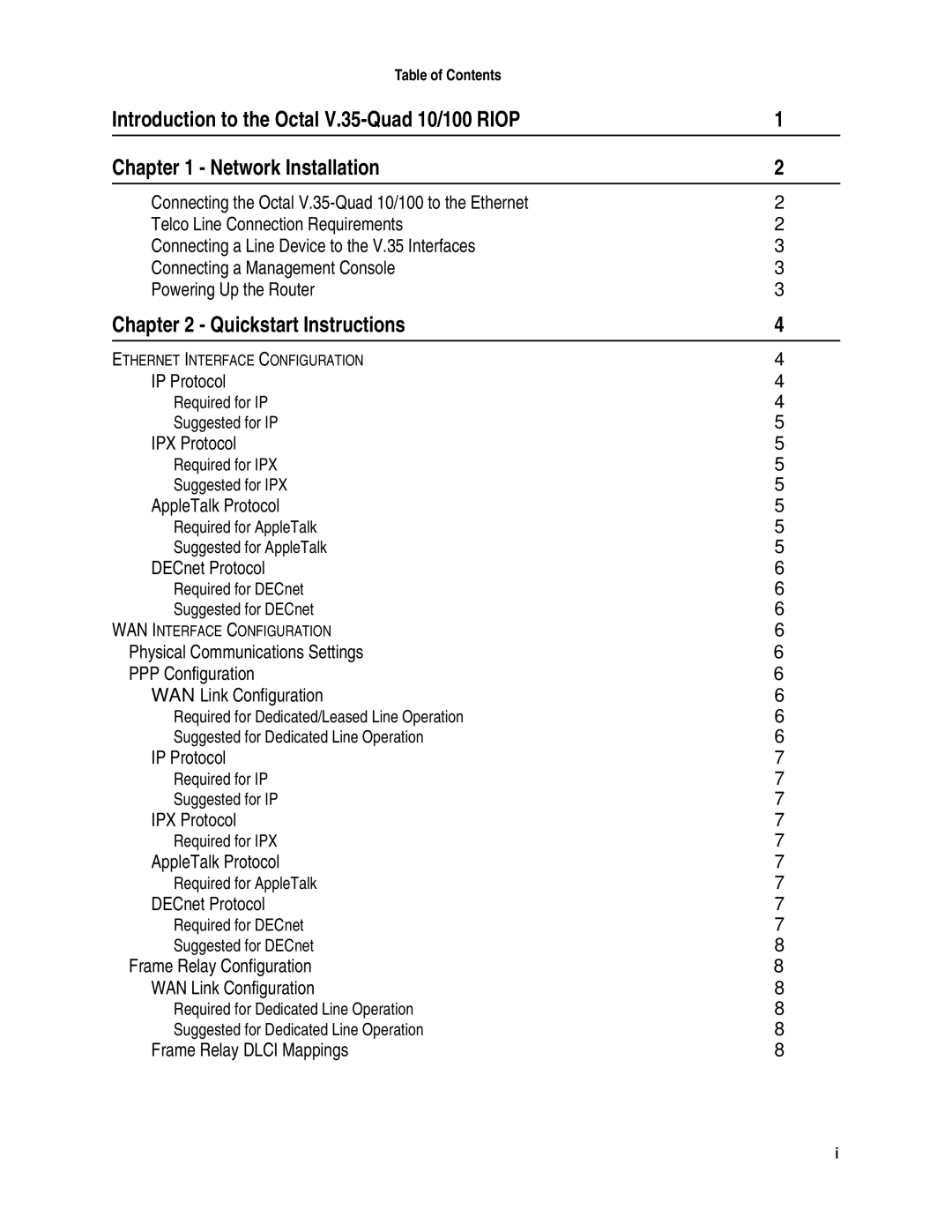 Compatible Systems OCTAL V.35 manual Quickstart Instructions, Table of Contents 