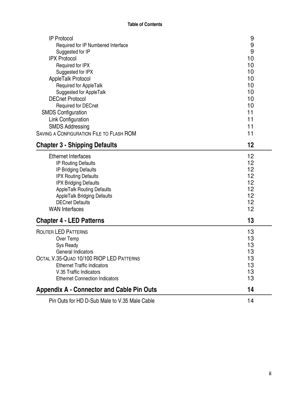 Compatible Systems OCTAL V.35 manual Shipping Defaults, LED Patterns, Appendix a Connector and Cable Pin Outs 