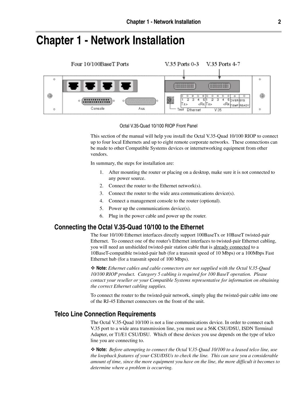 Compatible Systems OCTAL V.35 manual Network Installation, Connecting the Octal V.35-Quad 10/100 to the Ethernet 