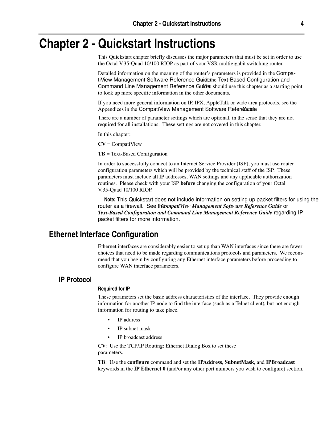 Compatible Systems OCTAL V.35 Quickstart Instructions, Ethernet Interface Configuration, IP Protocol, Required for IP 