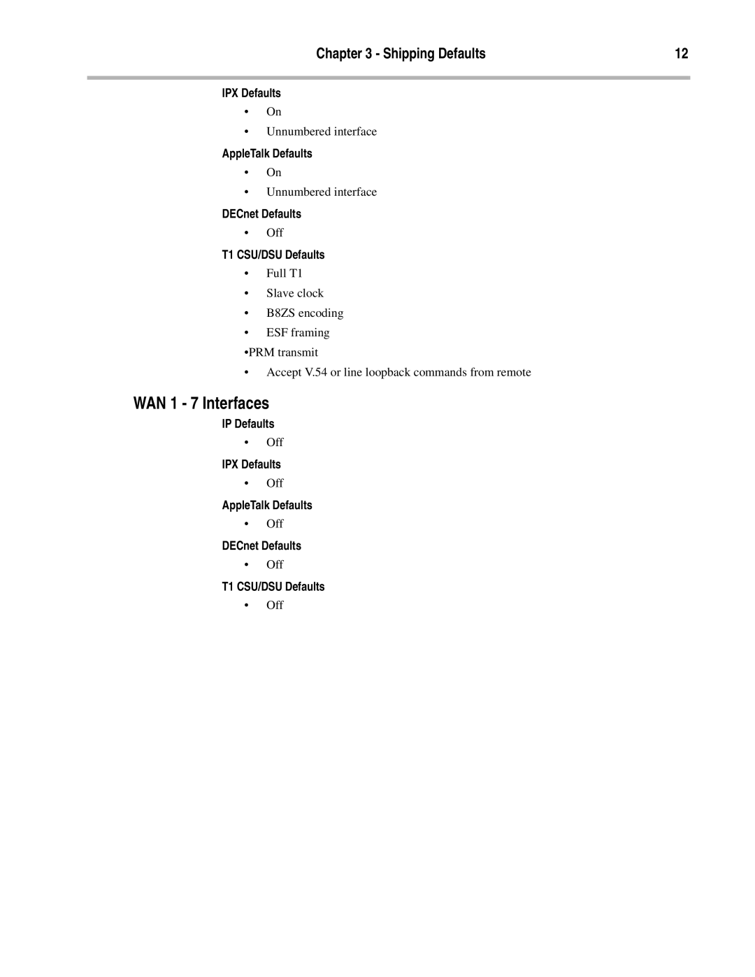 Compatible Systems T1-10/100 manual WAN 1 7 Interfaces, IPX Defaults, AppleTalk Defaults, T1 CSU/DSU Defaults 