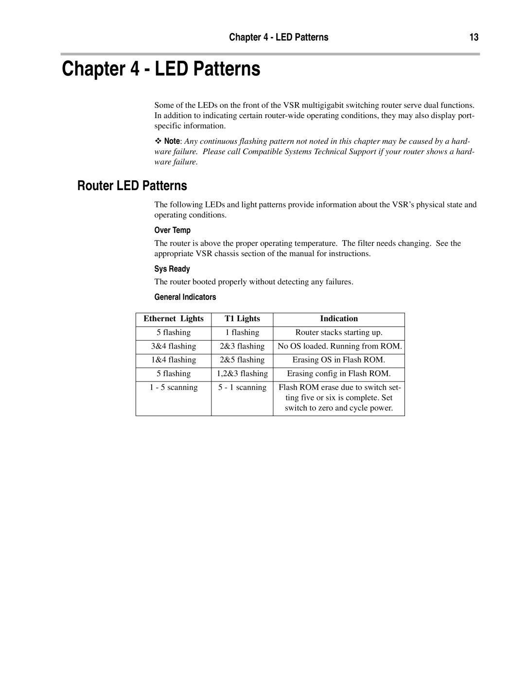 Compatible Systems T1-10/100 manual Router LED Patterns, Over Temp, Sys Ready, General Indicators 