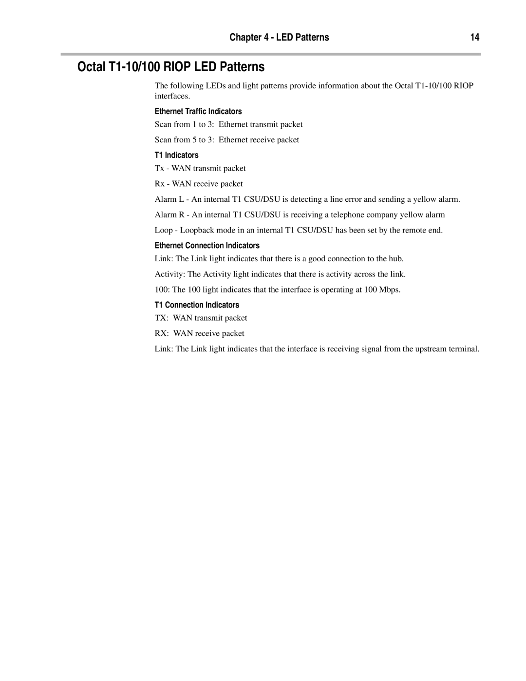 Compatible Systems manual Octal T1-10/100 Riop LED Patterns, Ethernet Traffic Indicators, T1 Indicators 