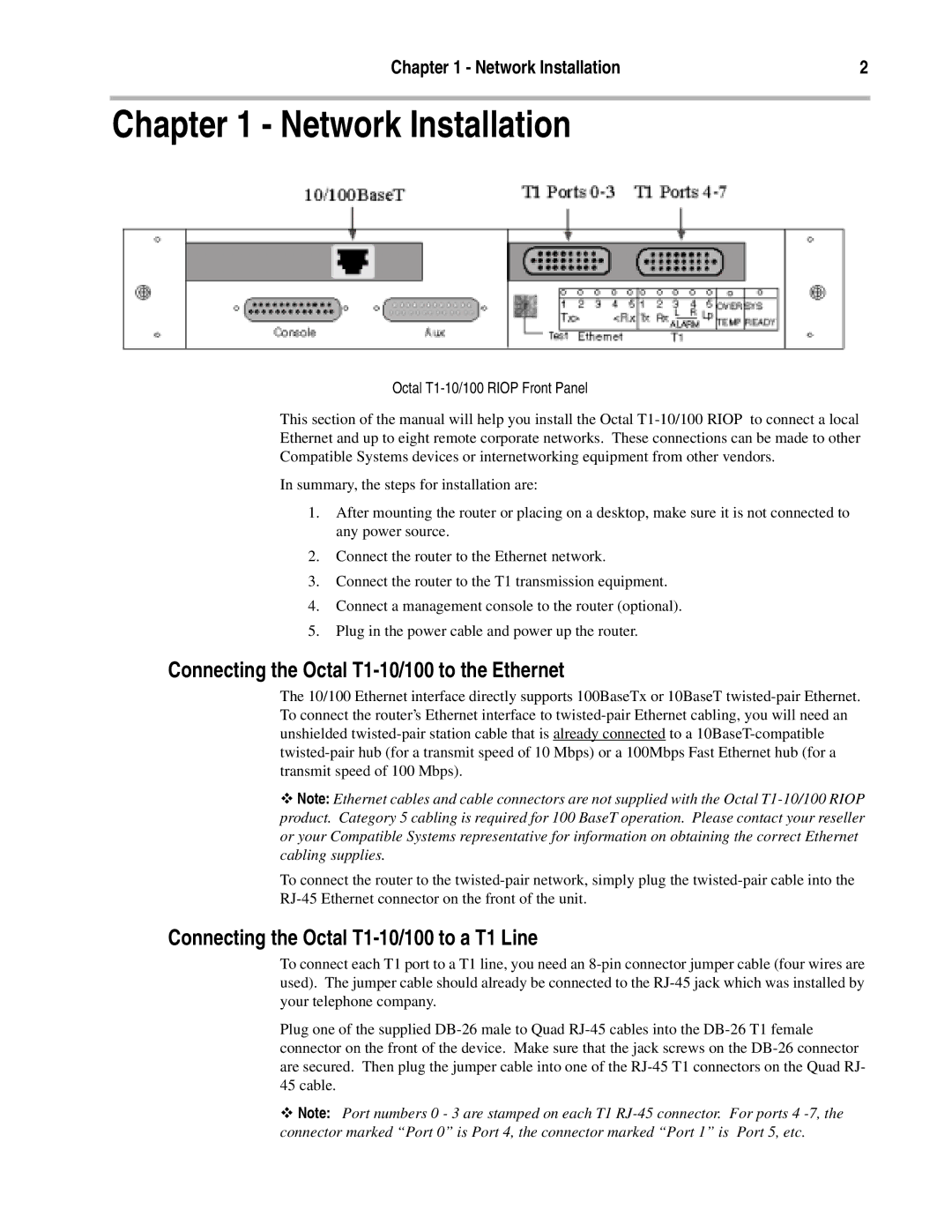 Compatible Systems manual Network Installation, Connecting the Octal T1-10/100 to the Ethernet 