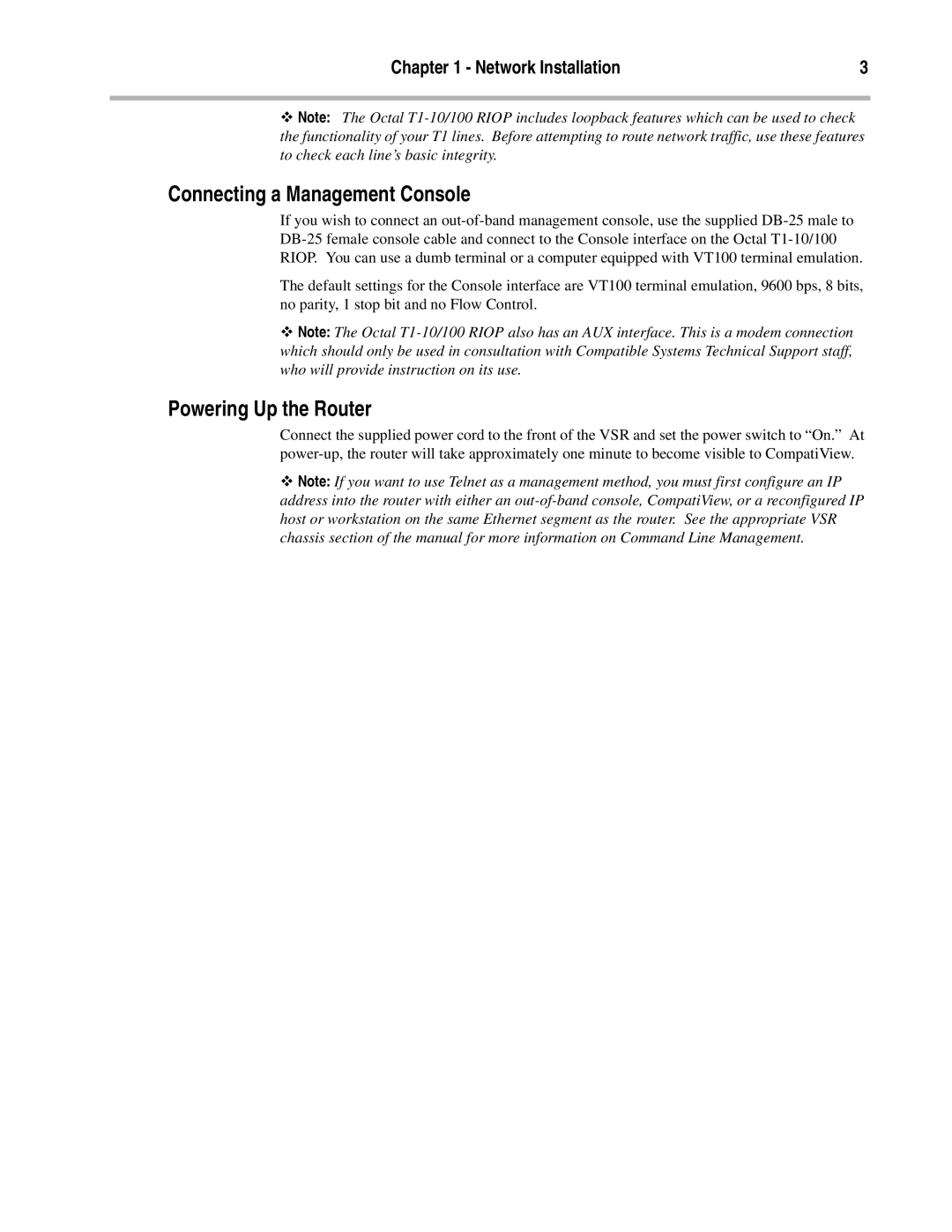 Compatible Systems T1-10/100 manual Connecting a Management Console, Powering Up the Router 