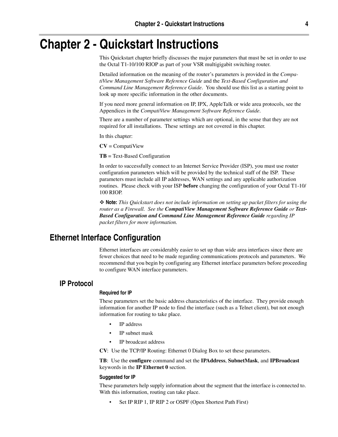 Compatible Systems T1-10/100 manual Quickstart Instructions, Ethernet Interface Configuration, IP Protocol, Required for IP 