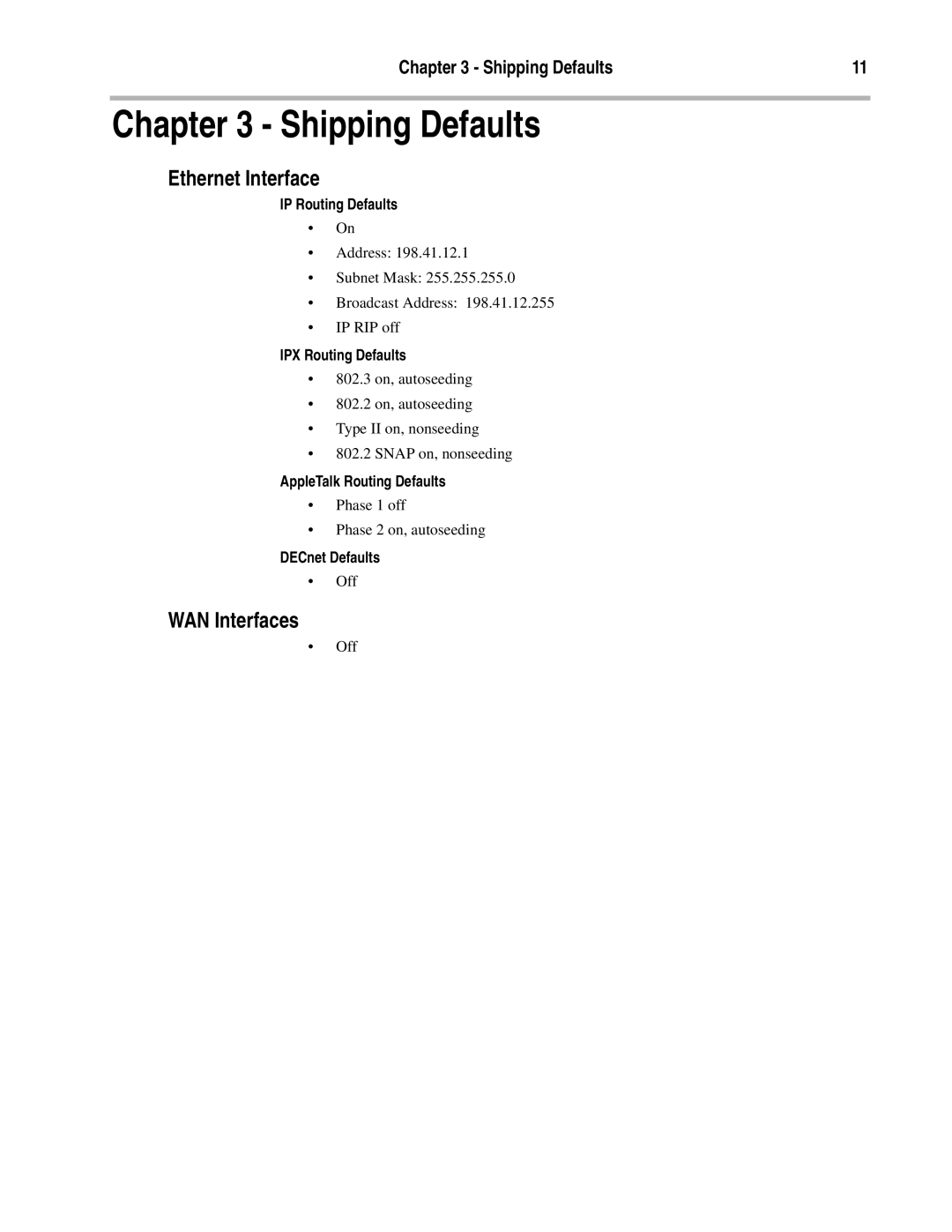 Compatible Systems V.35 manual Shipping Defaults, Ethernet Interface, WAN Interfaces 