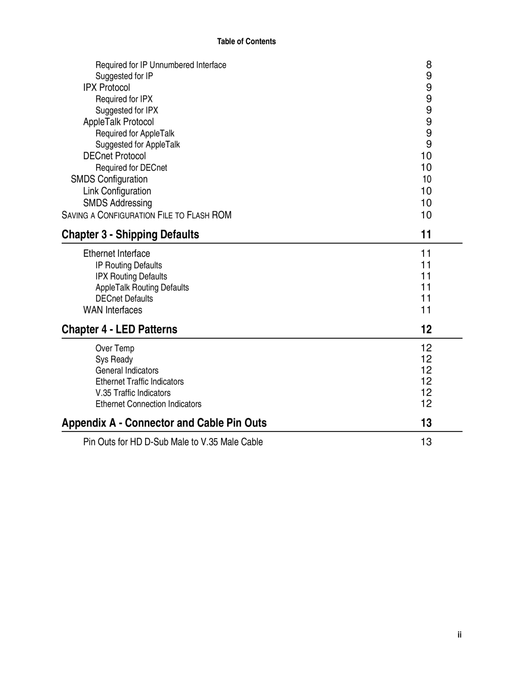 Compatible Systems V.35 manual Shipping Defaults, LED Patterns, Appendix a Connector and Cable Pin Outs 