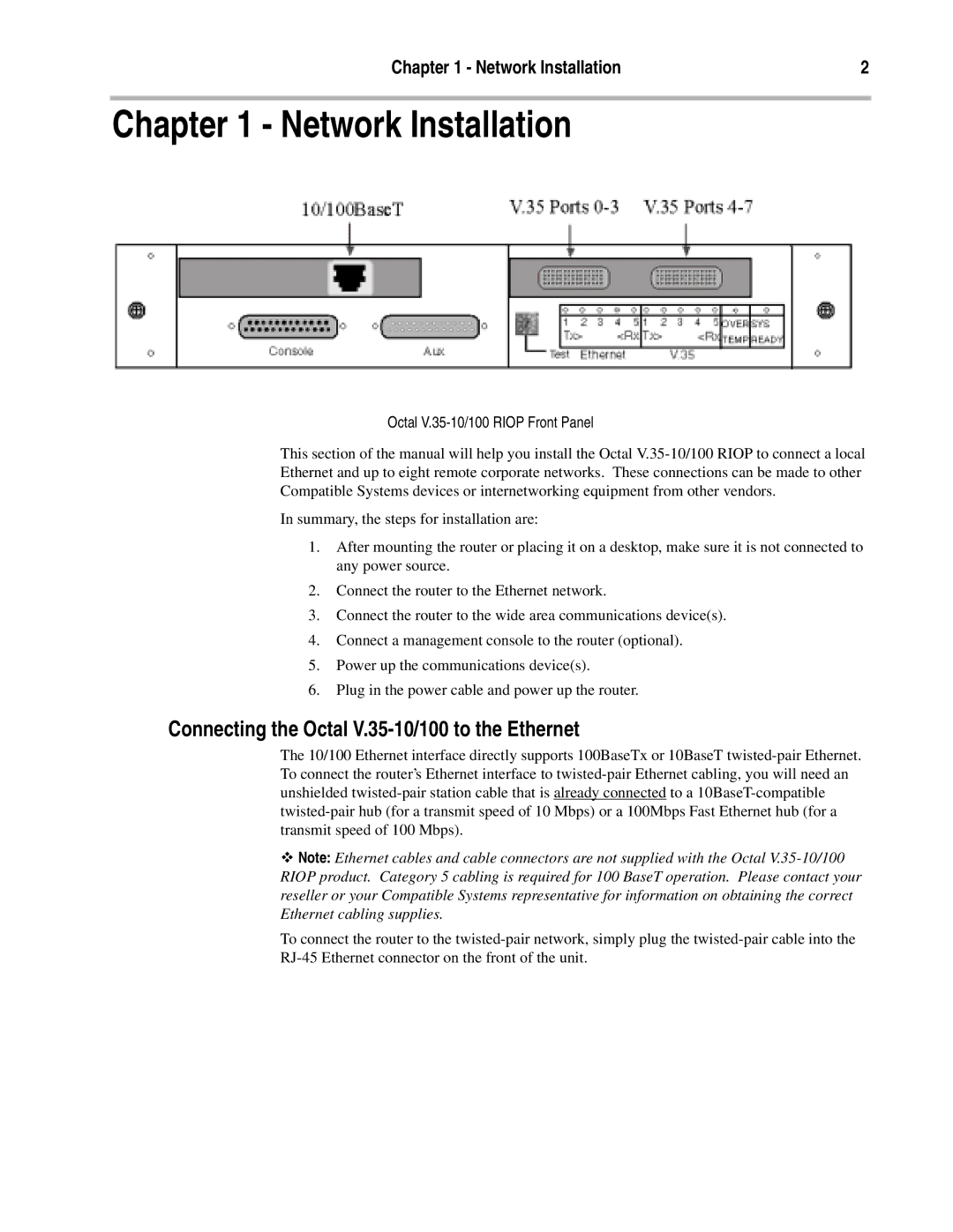 Compatible Systems manual Network Installation, Connecting the Octal V.35-10/100 to the Ethernet 