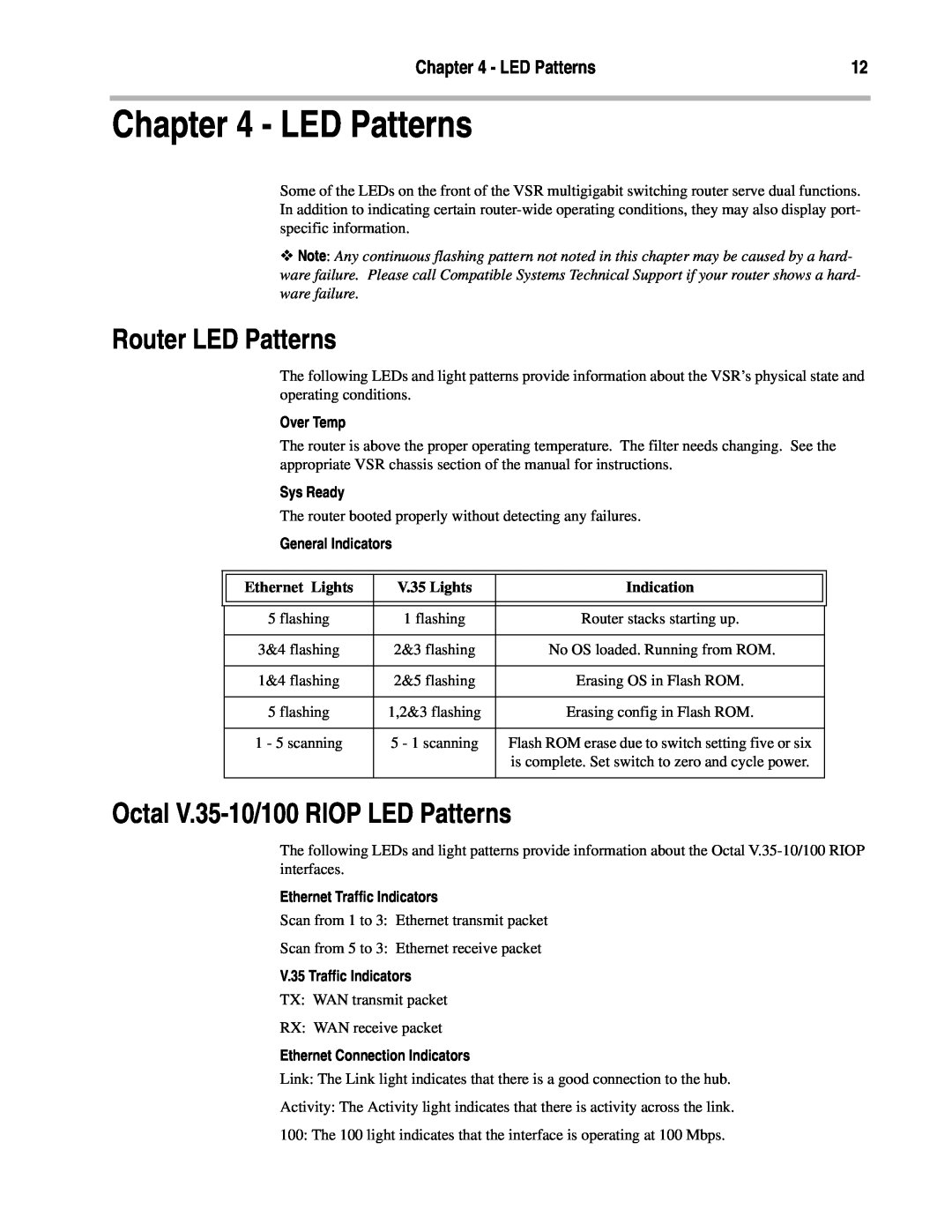 Compatible Systems Router LED Patterns, Octal V.35-10/100 RIOP LED Patterns, Over Temp, Sys Ready, Ethernet Lights 