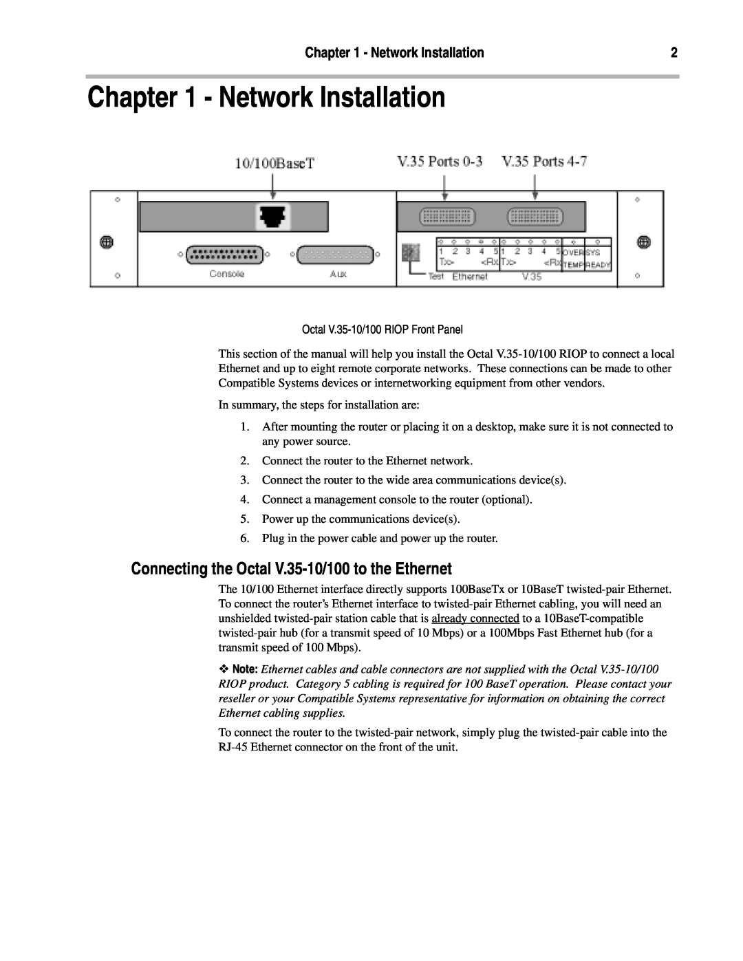 Compatible Systems manual Network Installation, Connecting the Octal V.35-10/100 to the Ethernet 
