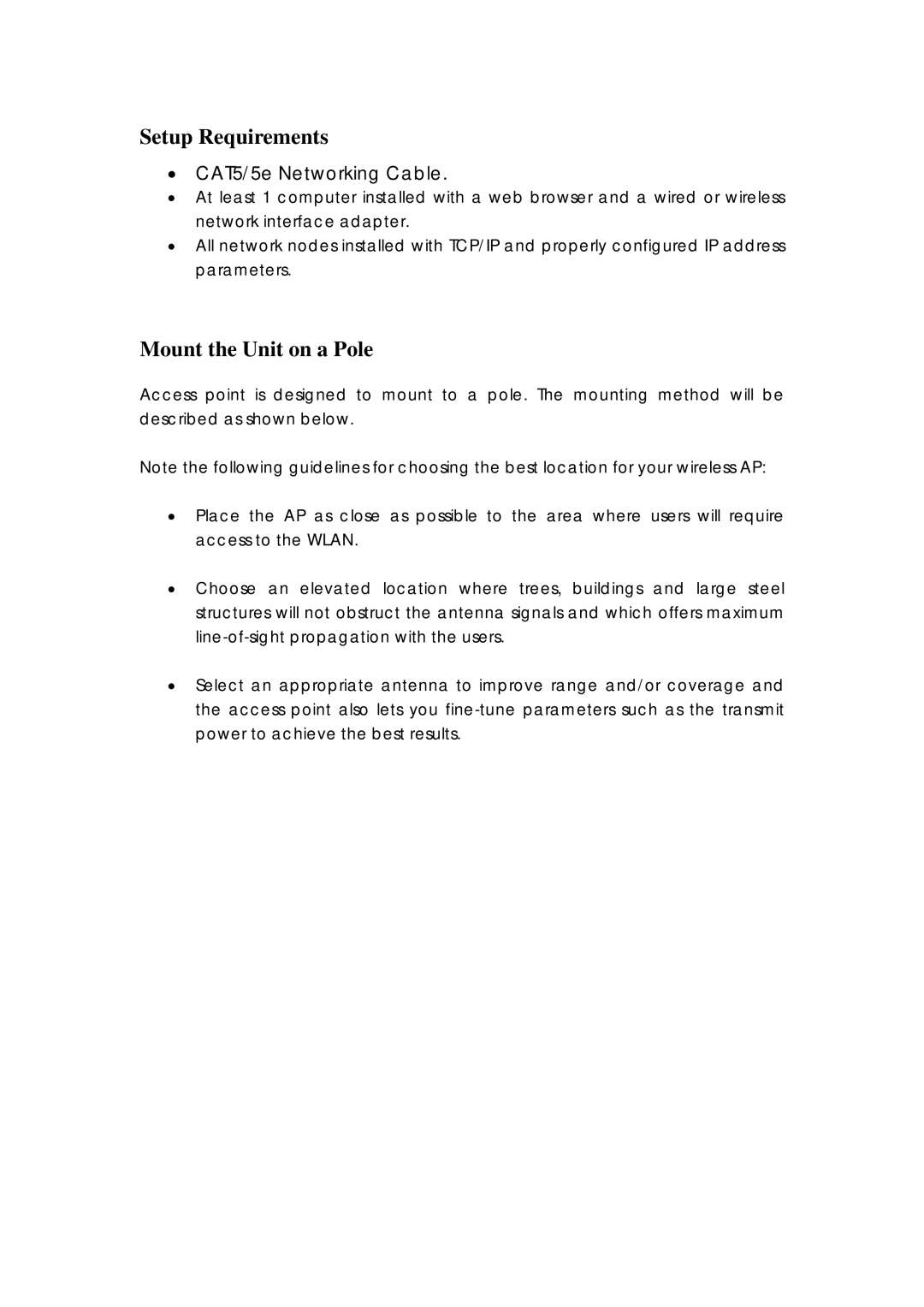 Compex Systems 802.11N manual Setup Requirements, Mount the Unit on a Pole 