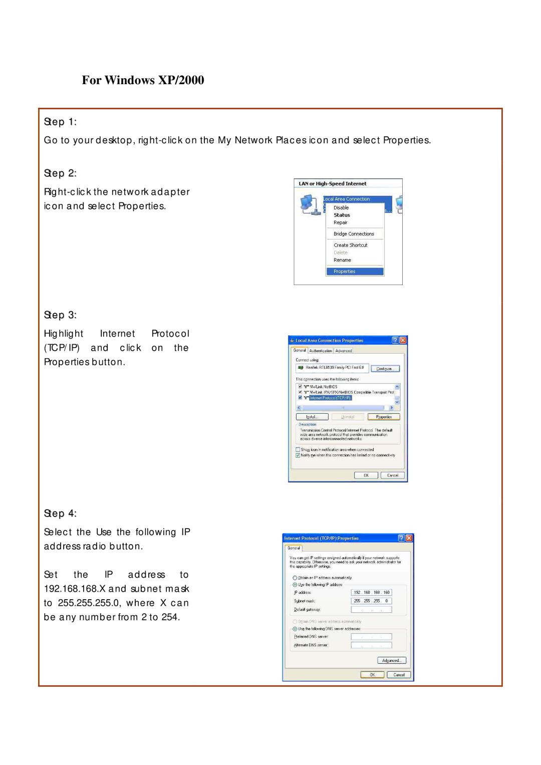 Compex Systems 802.11N manual For Windows XP/2000, Select the Use the following IP address radio button 