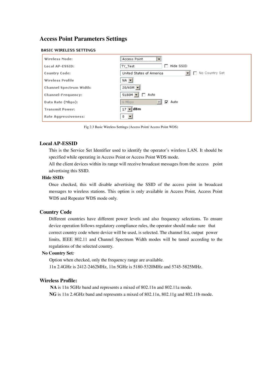 Compex Systems 802.11N manual Access Point Parameters Settings, Local AP-ESSID, Country Code, Wireless Profile 