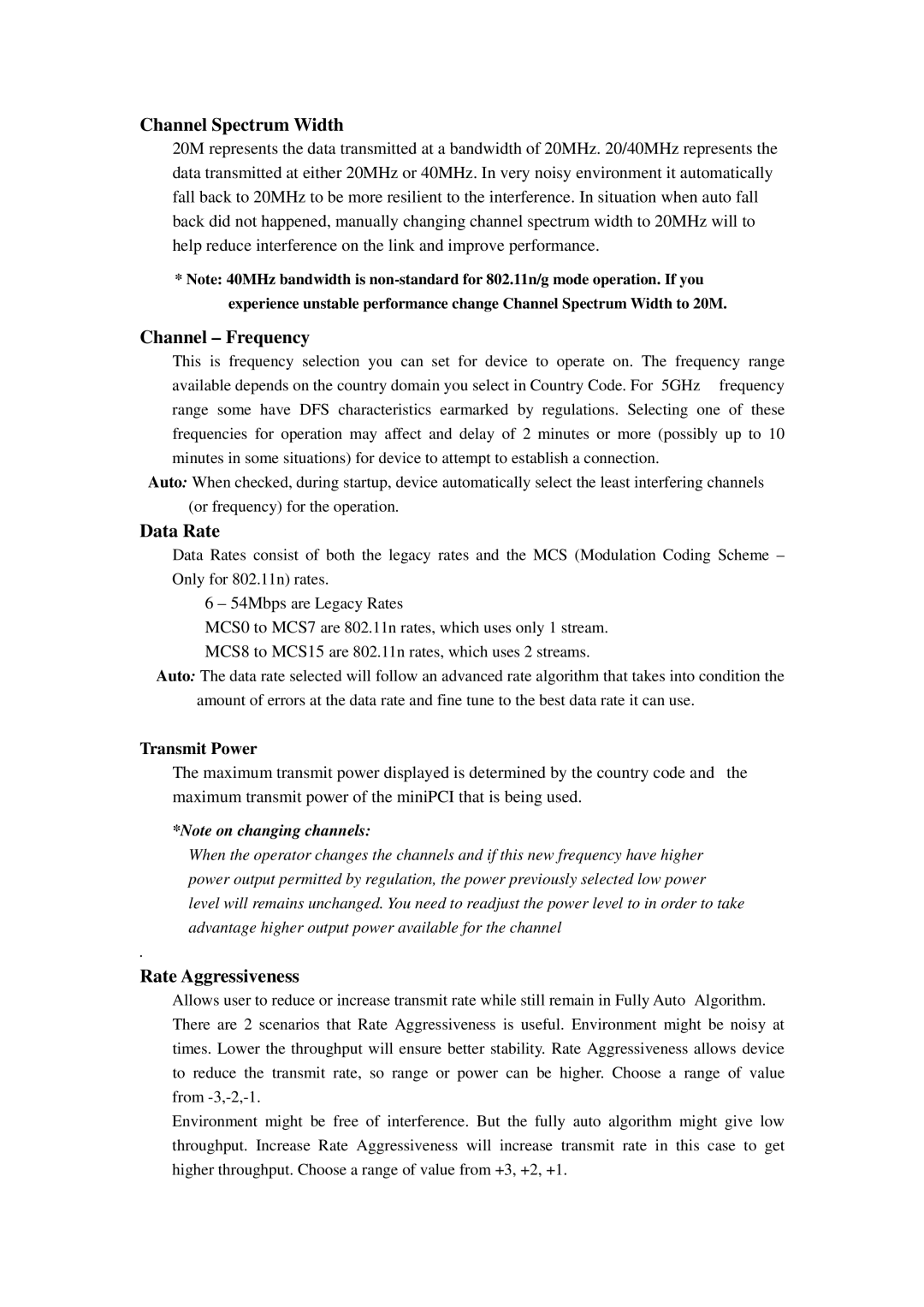 Compex Systems 802.11N manual Channel Spectrum Width, Channel Frequency, Data Rate, Rate Aggressiveness 