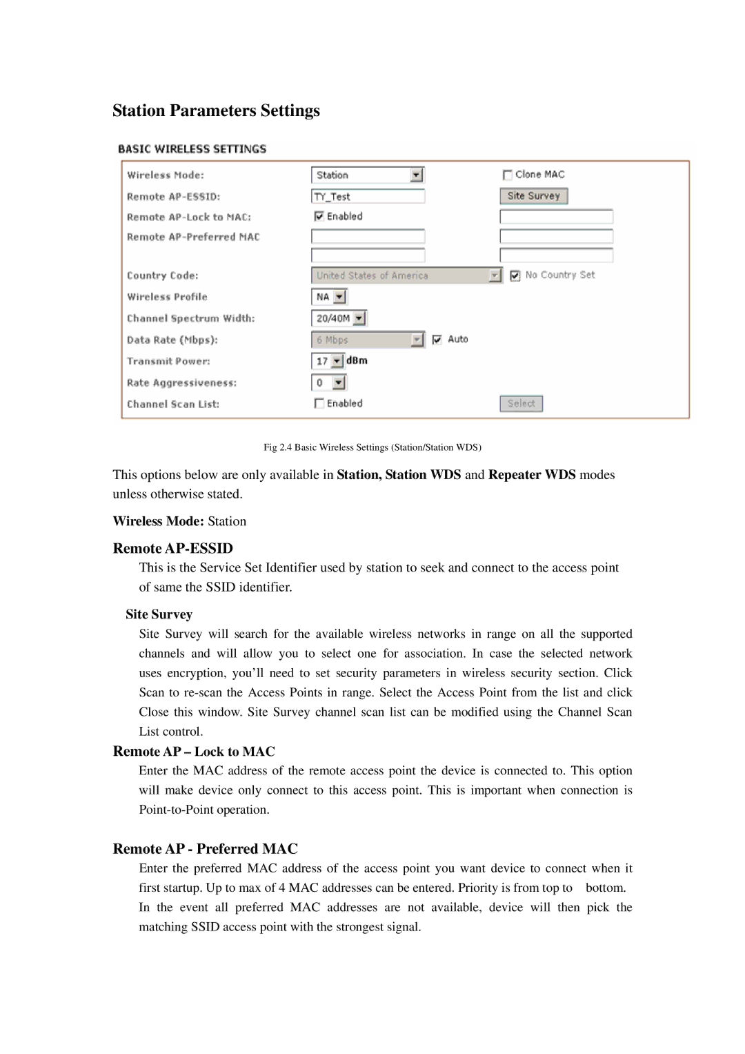 Compex Systems 802.11N manual Station Parameters Settings, Remote AP-ESSID, Remote AP Preferred MAC 