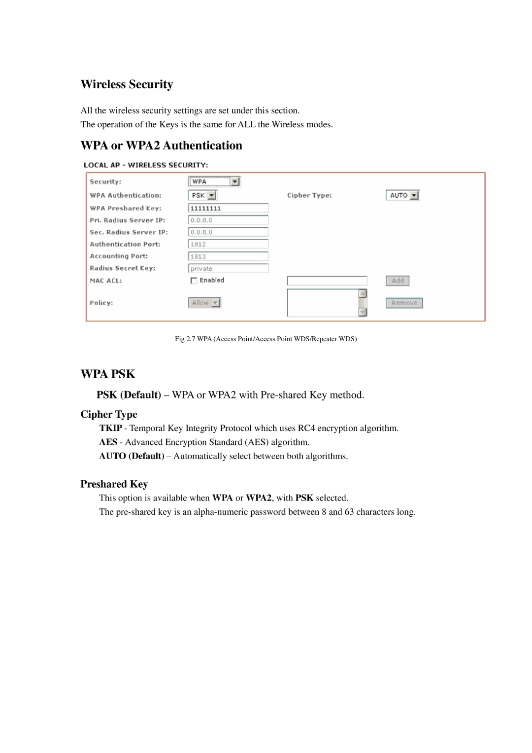 Compex Systems 802.11N manual Wireless Security, WPA or WPA2 Authentication, Cipher Type, Preshared Key 