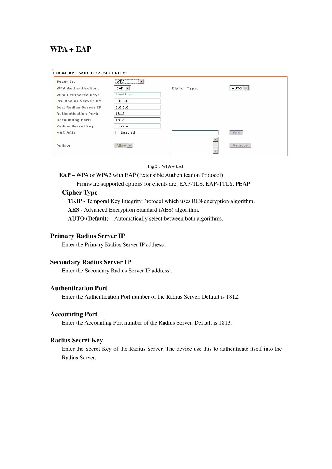 Compex Systems 802.11N manual Primary Radius Server IP, Secondary Radius Server IP, Authentication Port, Accounting Port 