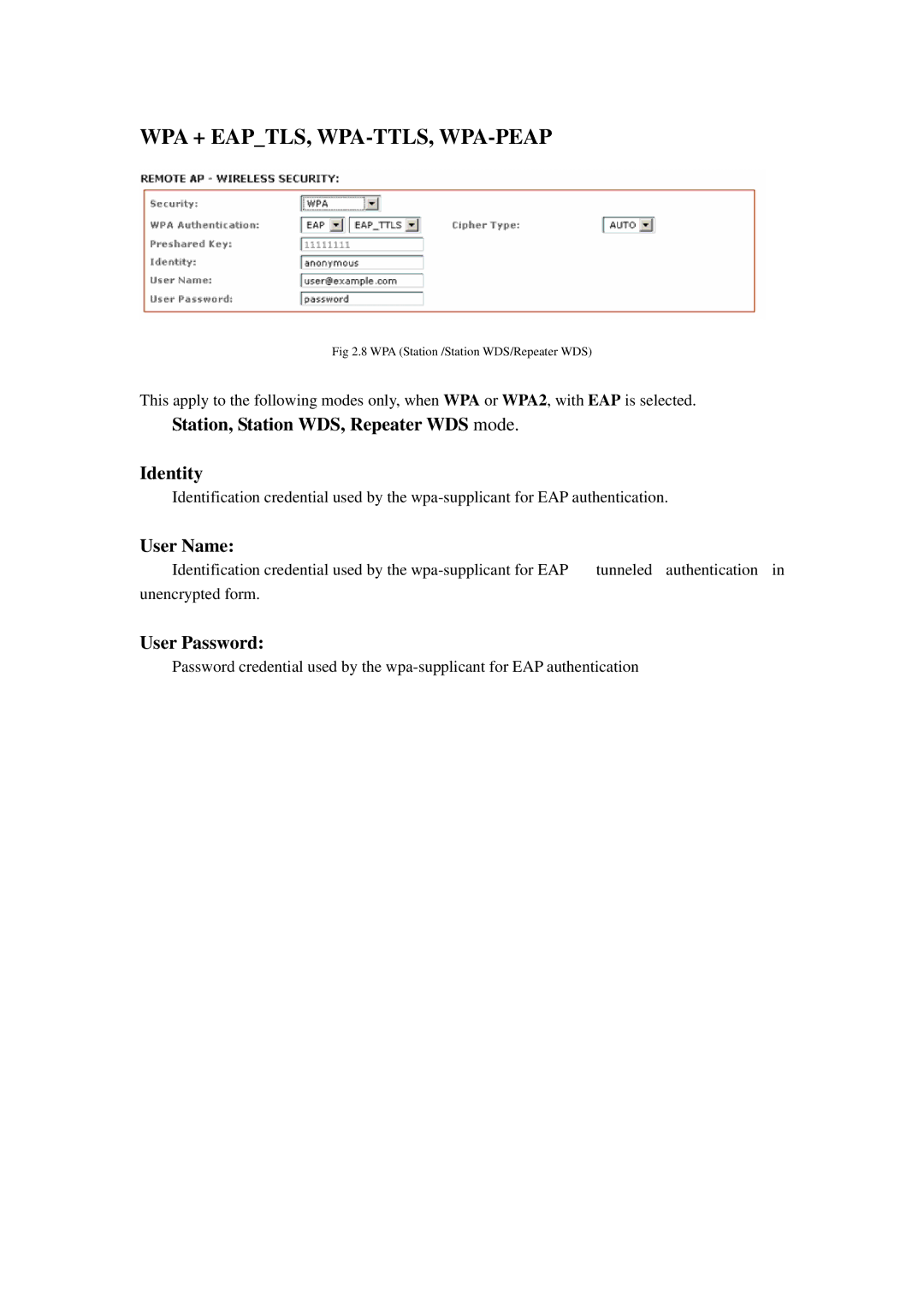 Compex Systems 802.11N manual Station, Station WDS, Repeater WDS mode Identity, User Name, User Password 