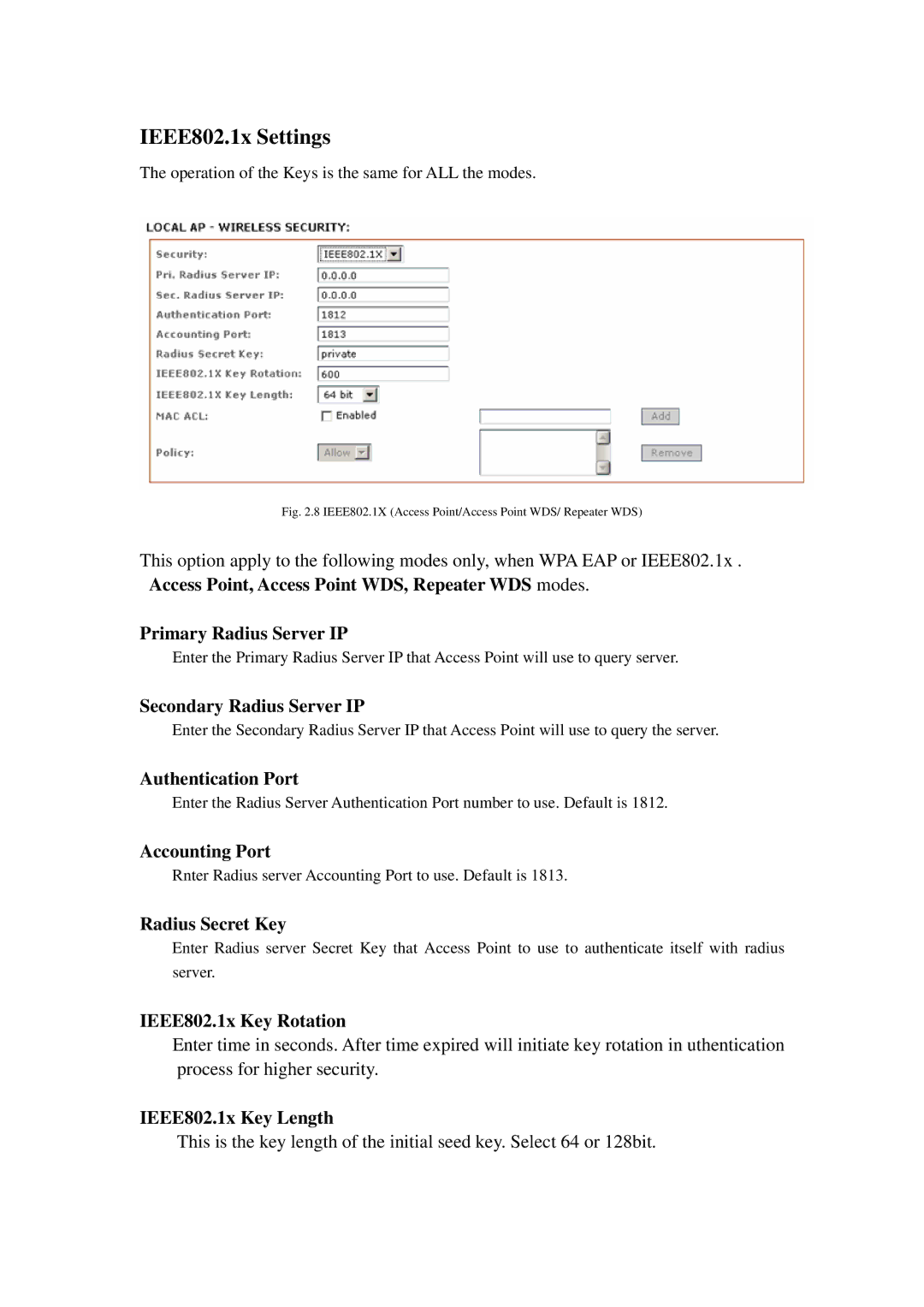 Compex Systems 802.11N manual IEEE802.1x Settings, IEEE802.1x Key Rotation, IEEE802.1x Key Length 