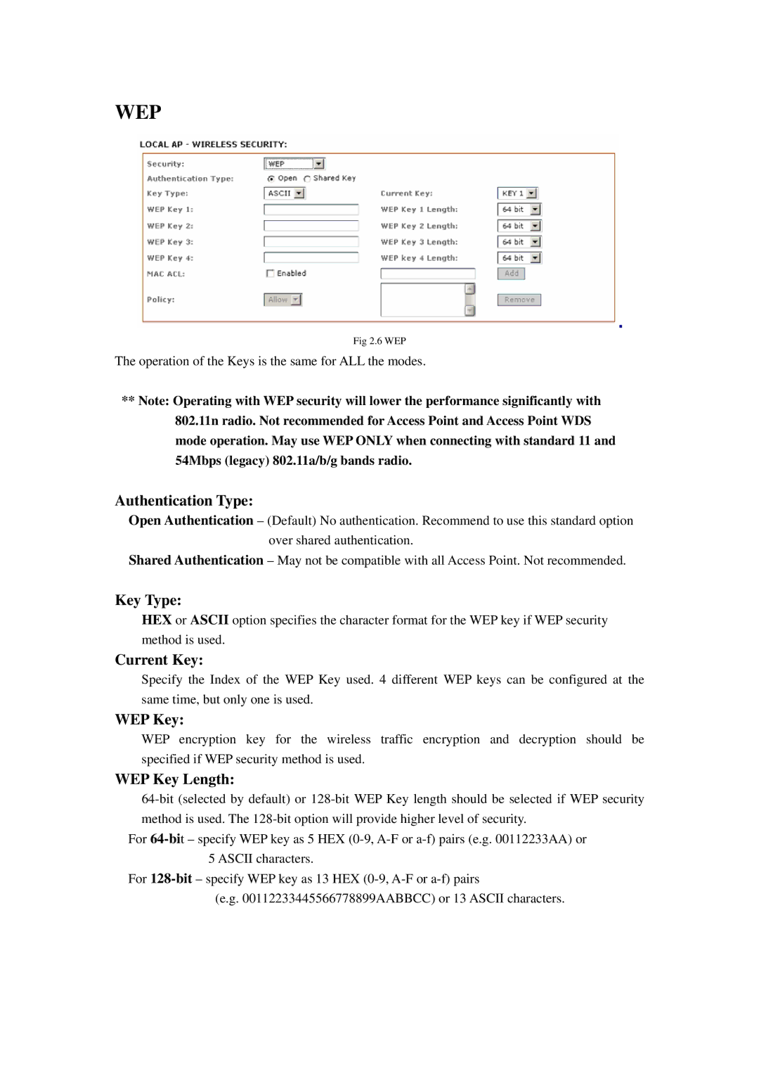 Compex Systems 802.11N manual Authentication Type, Key Type, Current Key, WEP Key Length 