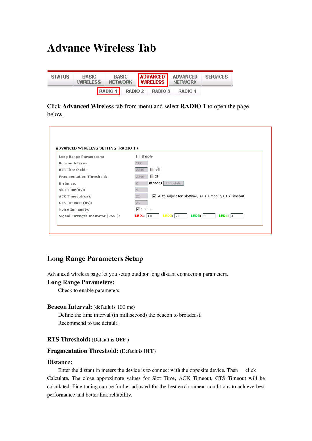 Compex Systems 802.11N manual Advance Wireless Tab, Long Range Parameters Setup 