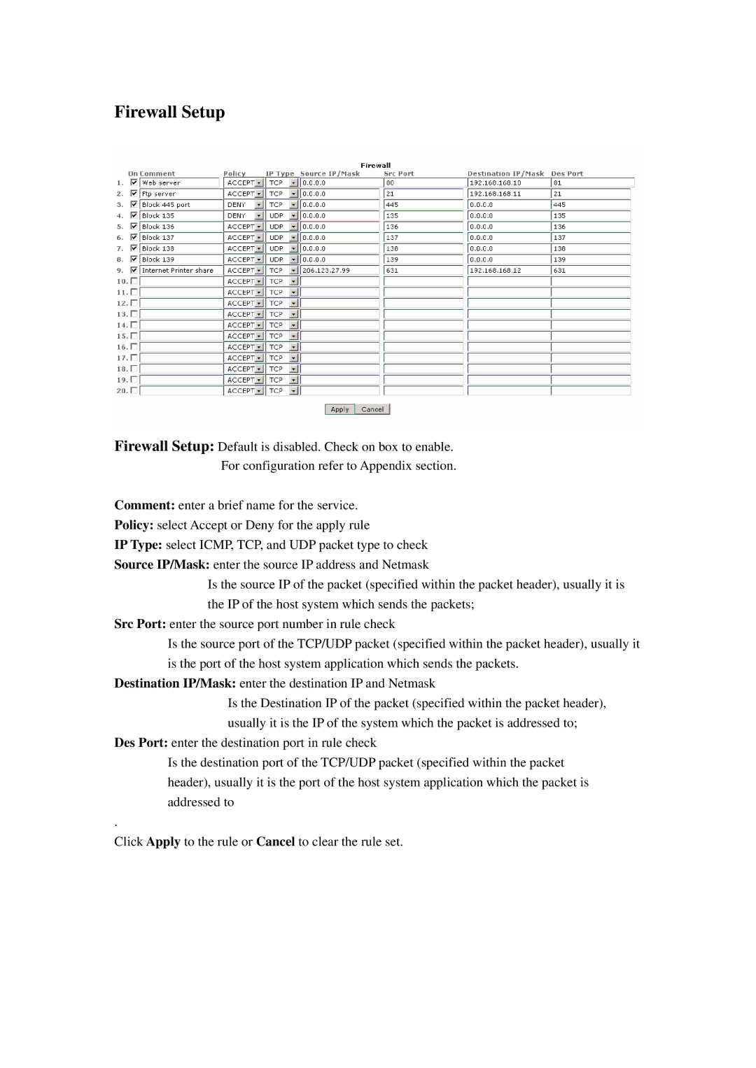 Compex Systems 802.11N manual Firewall Setup 