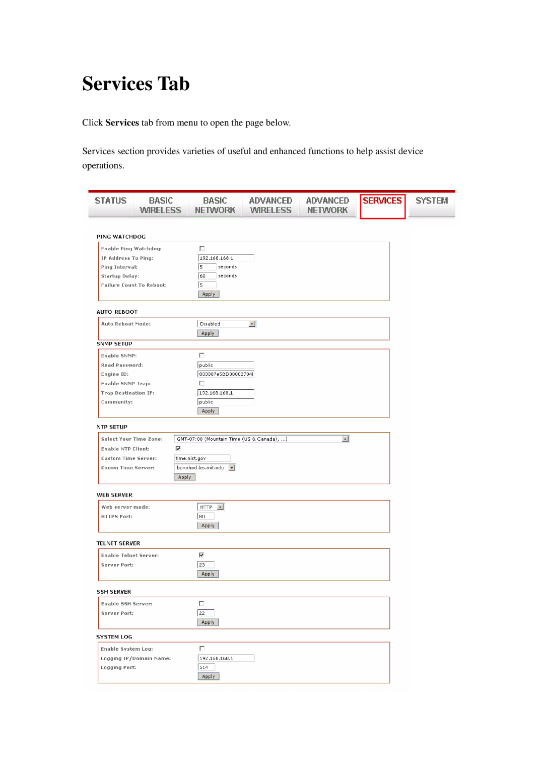 Compex Systems 802.11N manual Services Tab 