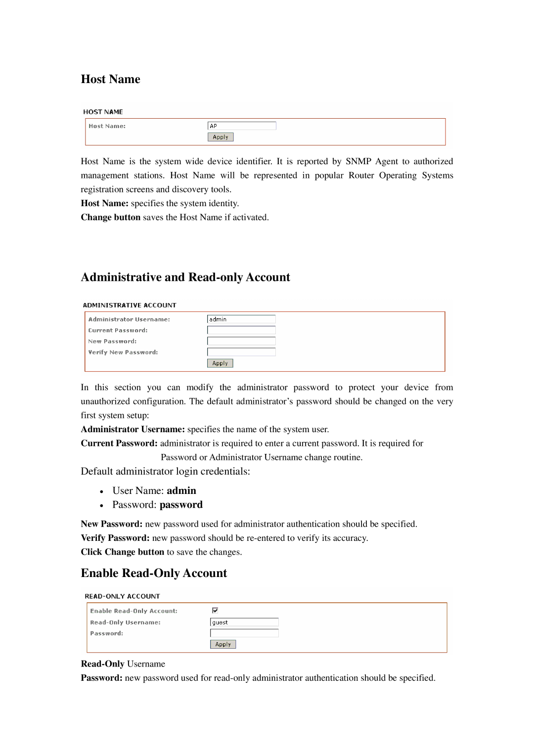 Compex Systems 802.11N manual Host Name, Administrative and Read-only Account, Enable Read-Only Account, Read-Only Username 